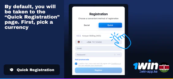 Click 'Quick Registration', choose currency - 1Win