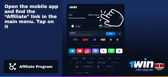 To start affiliate program, go to the 1Win website and click the link on the bottom
